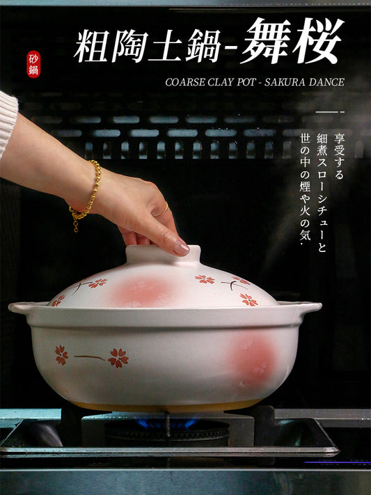 OMK Hand Painted Cherry Blossom Clay Pot for Home Japanese Stoneware Heat-Resistant Claypot Rice Pot Soup Casserole Gas Stove Special Stew Pot
