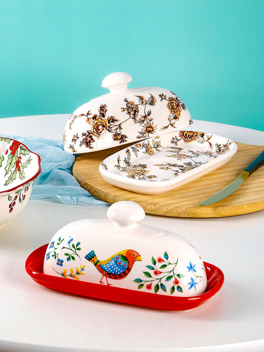 European and American Butter Box Creative Ceramic Saucer with Lid Small Tray Dessert Plate Underglaze Colorful Oval Plate