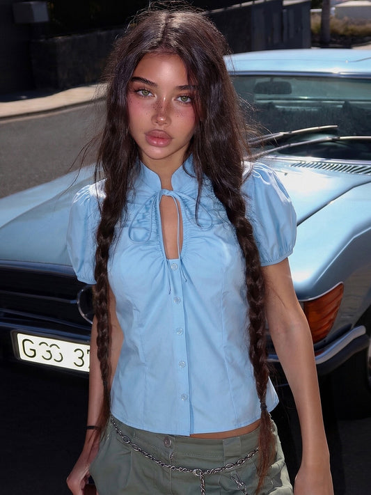 French chest cut-out strap stand-up collar short-sleeved shirt 2026 summer new hot girl slim slim short top