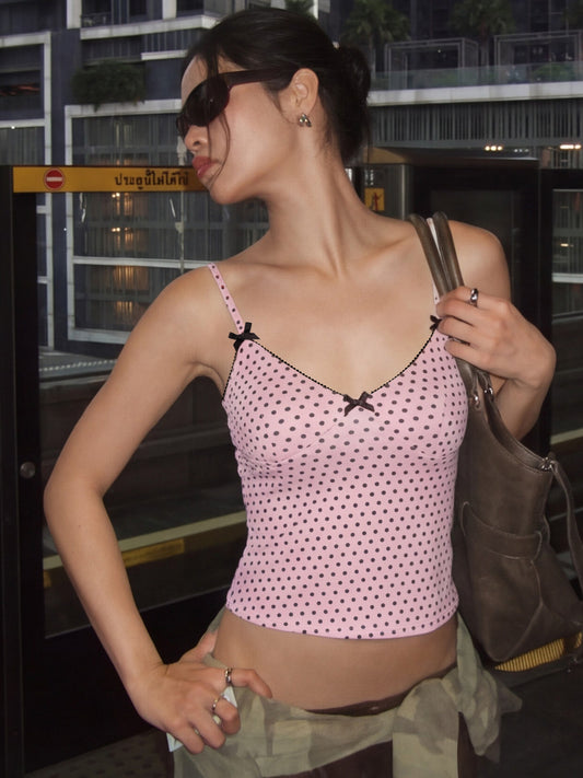 y2k Girl Fashion Polka Dot Print V-Neck Camisole 2026 Summer New Spice Girl Slim Versatile T-Shirt Trend