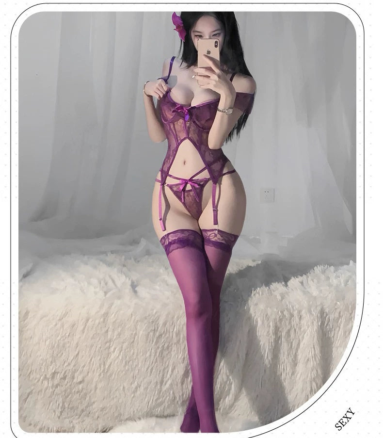 [Coco Witch] Sexy pure desire lace cut-out fun stripless jumpsuit pajama set