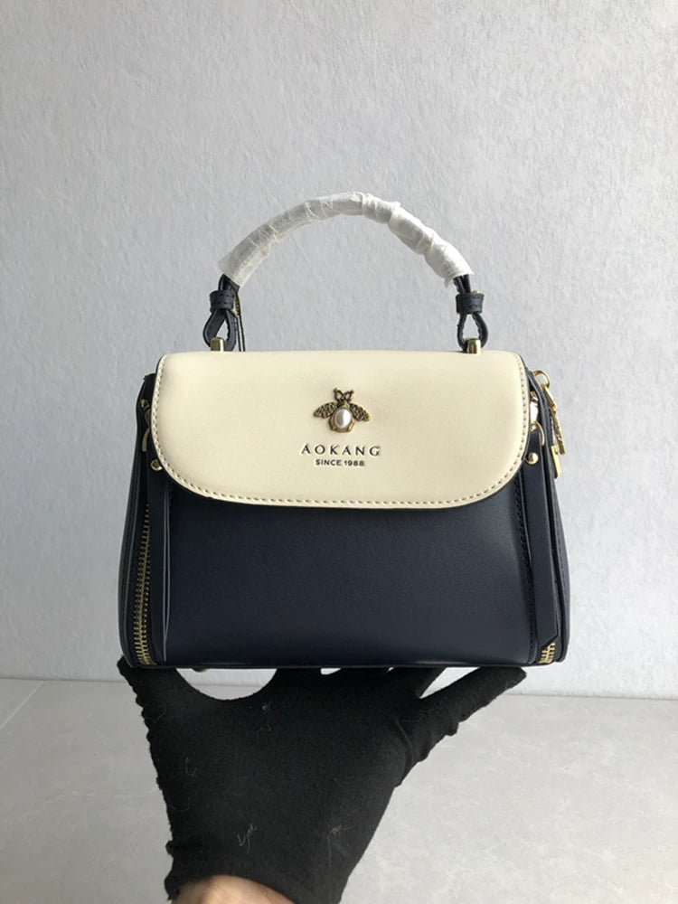 2024 new women's bag hand-held crossbody bag leather cowhide high-end fashion versatile contrast light luxury shoulder bag