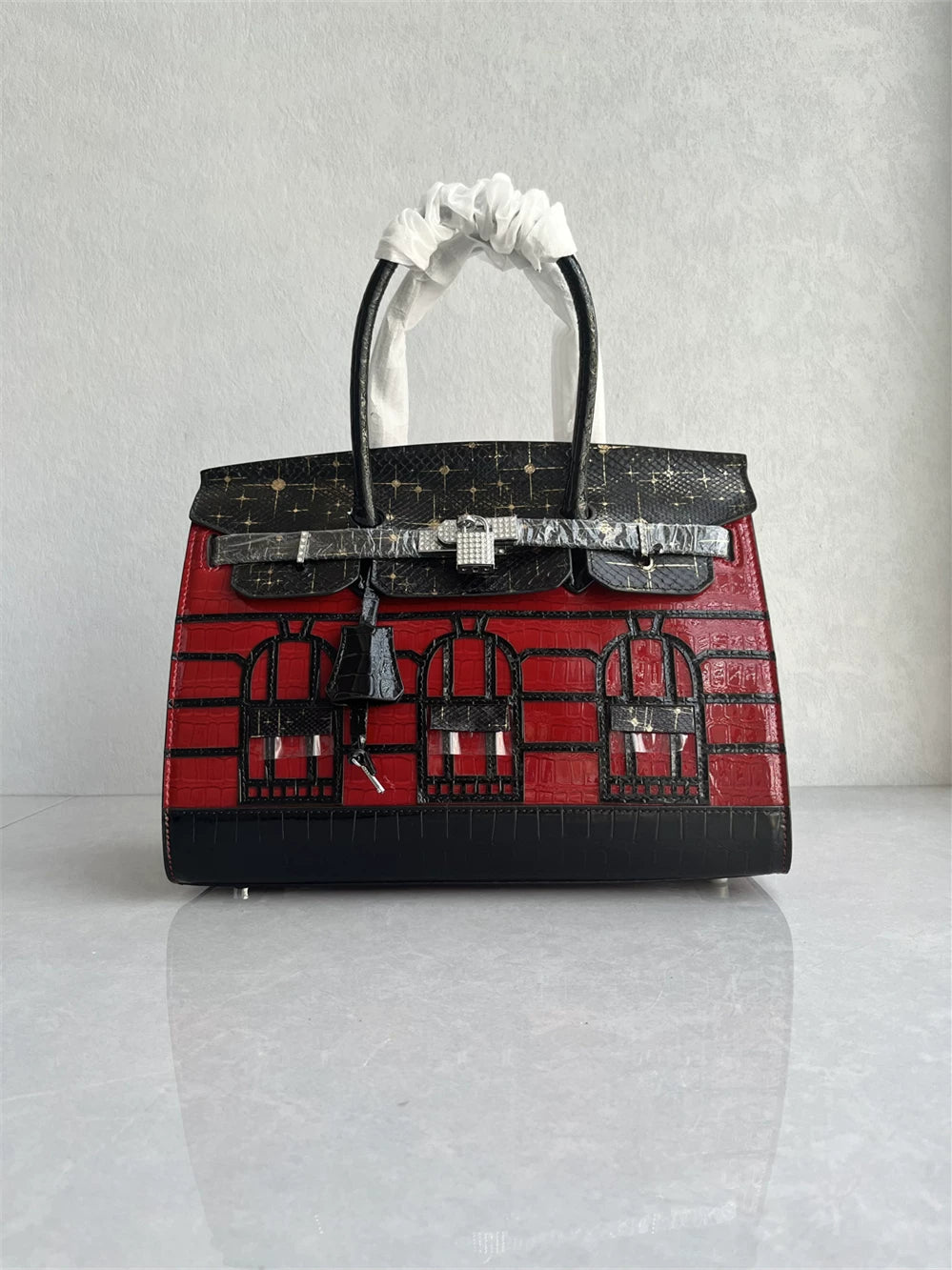 Shopping mall withdrawal ~ high-quality platinum bag, leather fashion and versatile color-blocking handbag, high-end crocodile leather women's bag