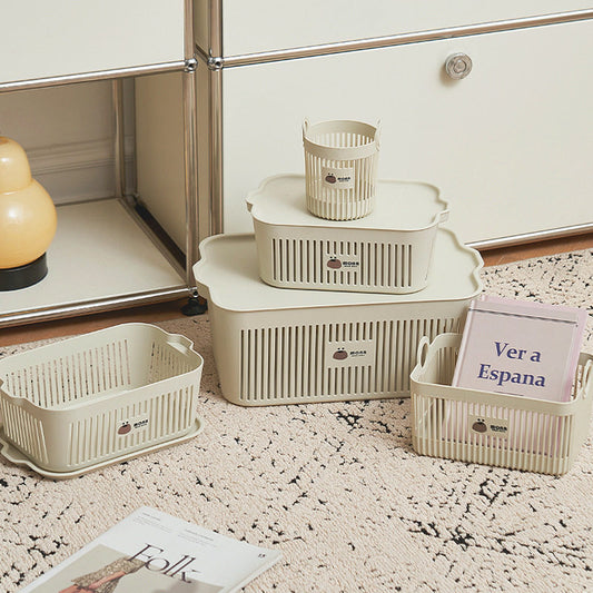 Desktop Storage Box Plastic Storage Basket with Lid, Large Capacity Carrying Organizer Box Home Storage Basket Hollow Solid Color