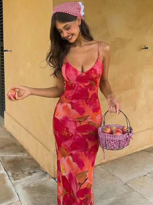 Resort-style colorful floral V-neck camisole dress 2026 summer new hot girl slim slimming hip-hugging long skirt