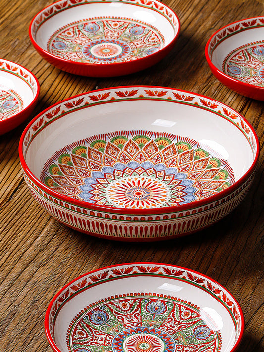 European and American Hakka ethnic style deep dish hand-painted soup plate underglaze color salad bowl large fruit pot household and noodle basin soup bowl