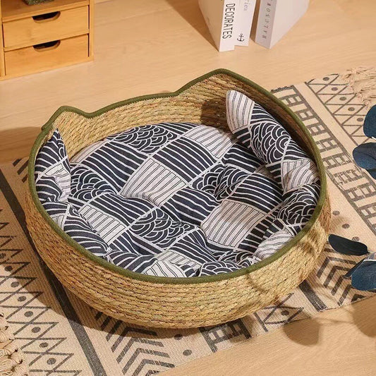 Rattan cat nest all-season universal summer breathable pet nest indoor durable rattan cat sleeping basket can be removed and washed to prevent scratching