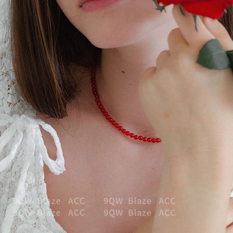 9QW new Chinese accessories national style red beads exquisite and small necklace encore red stacked collarbone chain women