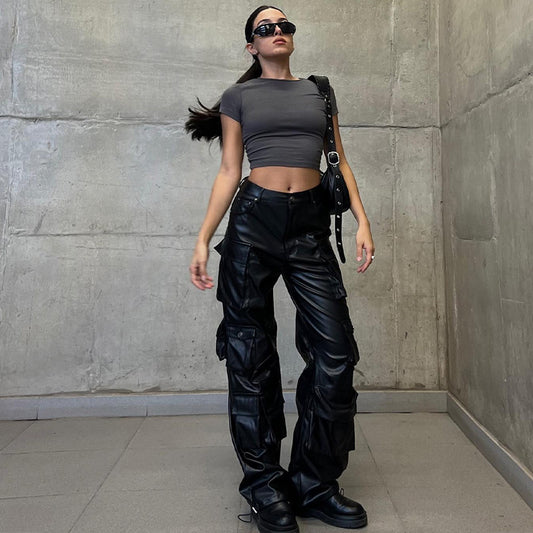 American retro fashion heavy industry pocket workwear PU leather pants 2026 spring and summer new hot girl cool slacks