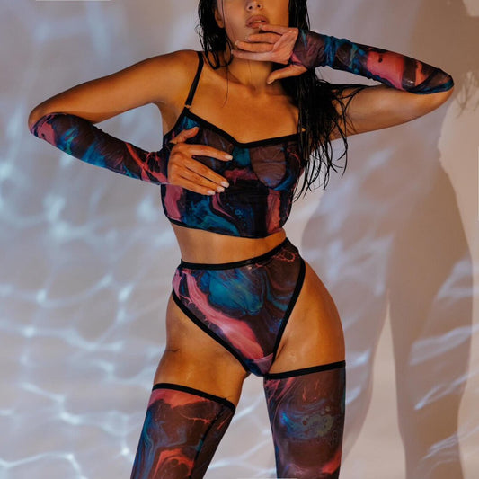 Coco Witch New Pure Desire Thin Mesh Four-Piece Set with Sleeves Stockings Emotional Sexy Tie-Dye Lingerie Set