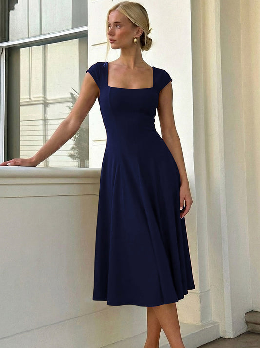 French solid color high-end square neck short-sleeved dress 2026 summer new banquet waist slimming temperament long skirt