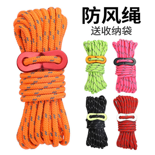 Outdoor camping tent windproof rope camping canopy drawstring with double eye rope buckle 4mm reflective paracord fixed tie rope
