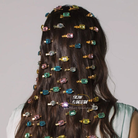 9QW self-made new niche trendy colored crystal gemstone versatile side clip high-end simple bangs clip side clip