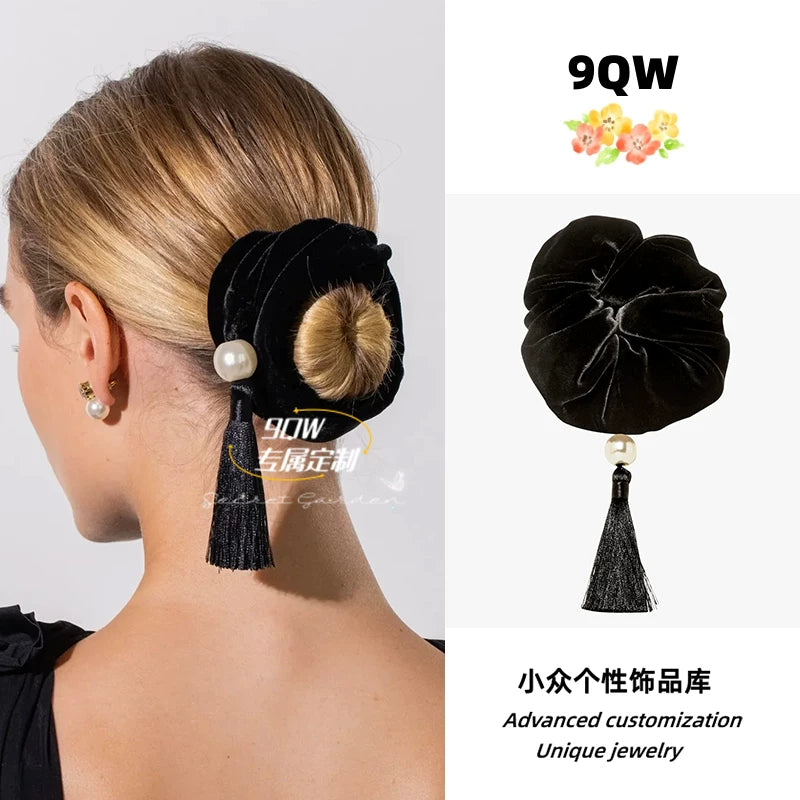 9QW new European and American style retro high-end feeling ball head Chinese pearl tassel scrunchie hair ornament less hair volume head rope