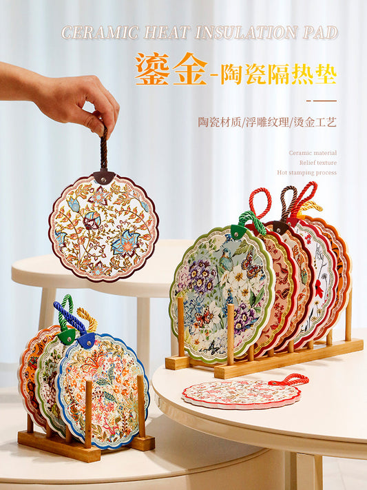 OMK Creative Light Luxury Hot Stamping Ceramic Thermal Insulation Mat Home Cork Bottom Anti-slip Placemat Fashion Anti-scald Pot Holder Set