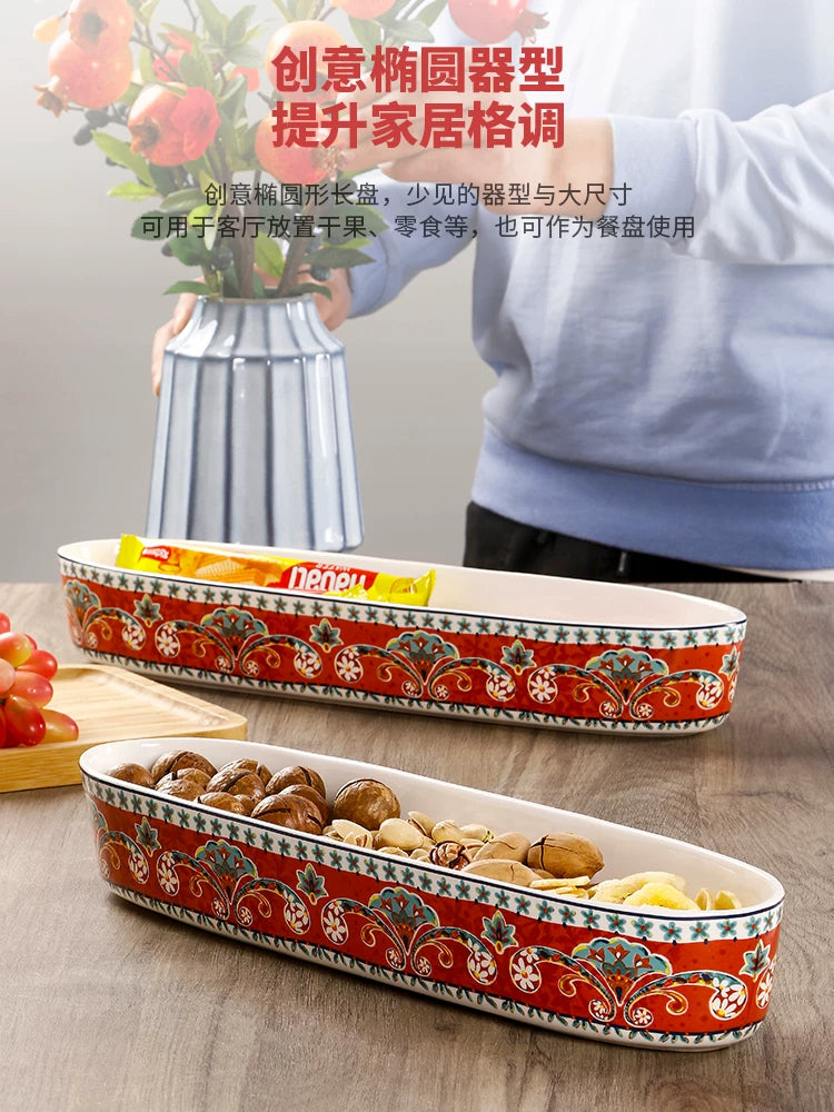 OMK French Oval Plate Creative Ceramic Bread Plate Dried Fruit Snack Plate for Home Personality Vintage Long Dinner Plate