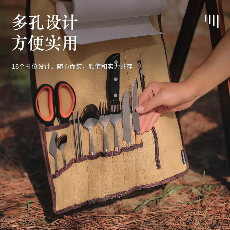 Outdoor Cutlery Storage Bag Portable Hanging Canvas Storage Roll Camping Multifunctional Kitchenware Storage Bag Leather Lanyard