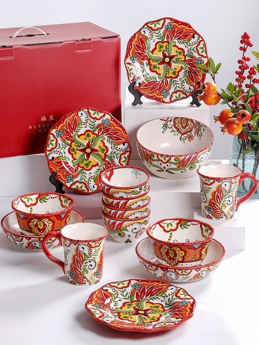 OMK Creative Cutlery Set Bohemian Underglaze Colored Ceramic Rice Bowl Dinner Plate Ins Style Red Wedding Gifts