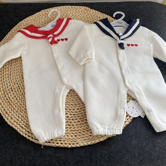 Newborn cotton jumpsuit, baby hayi, baby padded warm breathable crawler, spring, autumn, winter, navy bow tie