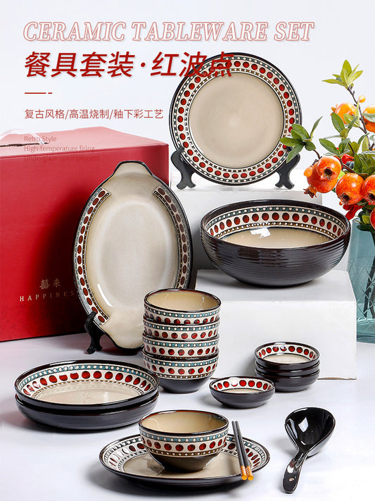 OMK Creative Red Polka Dot Vintage Ceramic Tableware Bowl Plate Combo Gift Box Set Business Housewarming Wedding Gift