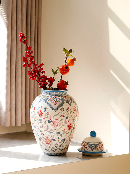 OMK Classical Ceramic General Jar Creative Entwined Peony Pattern New Chinese Entrance Decorative Ornament Vase Storage Jar