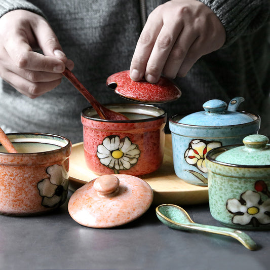Creative ceramic seasoning pot household seasoning bottle pot Japanese style condiment boxed salt pot sauce pot sugar bowl kitchen supplies