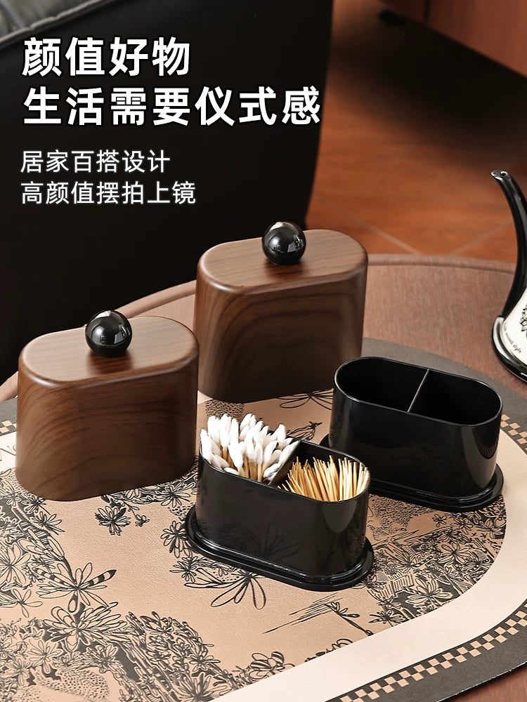 Creative walnut wood grain toothpick box 2025 new household floss 2-in-1 storage tube high-value toothpick jar Y