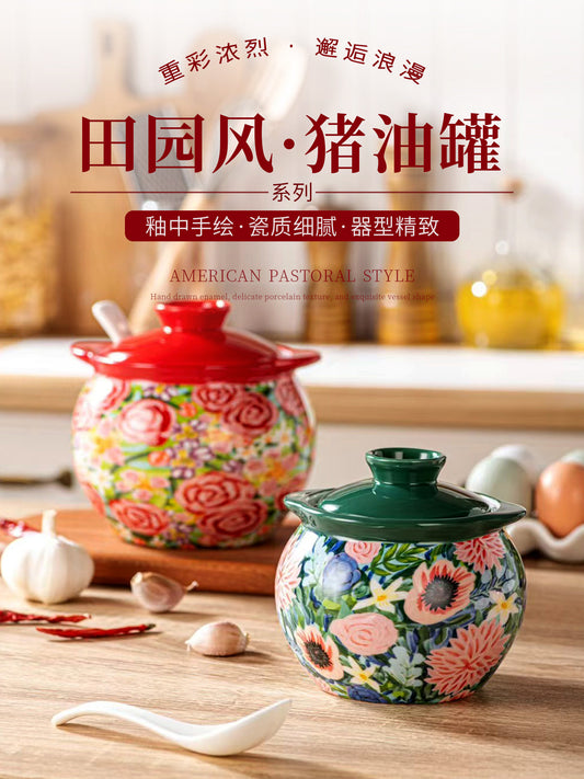 Pastoral ceramic lard can idea 2025 new high-value household large chili oil jar with spoon set