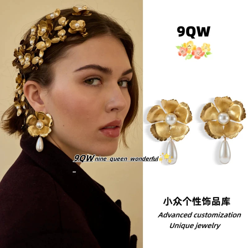 9QW European and American niche design floral temperament earrings women's high-end light luxury resort style stud earrings