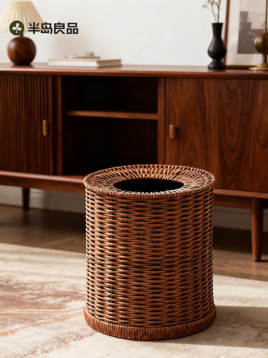 B&B style light luxury trash can, imitation rattan high-end living room, bedroom, household imitation wood grain, large-capacity retro paper basket bucket