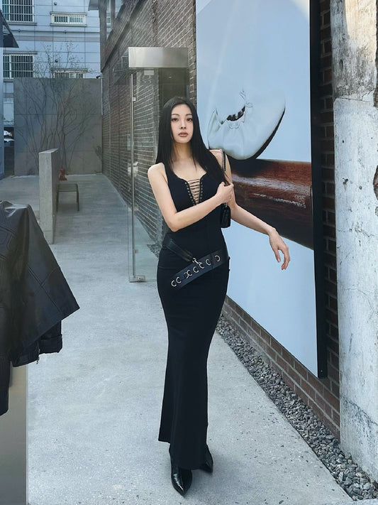 designer heavy work corn strap V neck sleeveless vest dress hot girl sexy hip hugging mermaid maxi skirt women