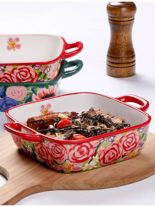 Glazed color hand-painted American amphora ceramic baking pan home oven microwave oven can be used square plate flowers and high value