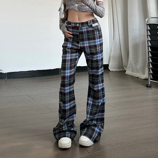 American retro plaid printed bootcut slacks 2026 spring/summer new hot girl fashion and versatile leg-length pants