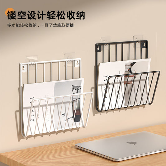 Metal wall-mounted book and newspaper display shelf simple white with traceless paste to organize newspaper shelf documents for home office use, no tools required, stable storage, orderly storage shelf, no punching required