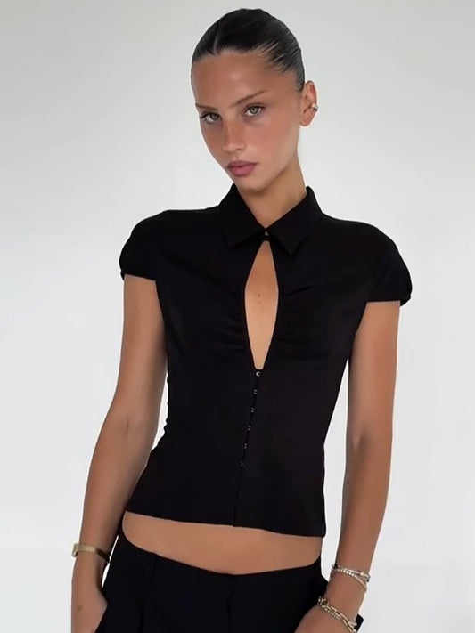 Solid color high-end lapel slim cut-out short-sleeved shirt 2026 summer new design breasted versatile top