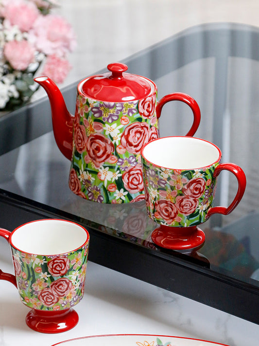 OMK American Premium Cold Water Kettle Creative Hand Painted Flower Teapot Red Rose Ceramic Coffee Tea Set