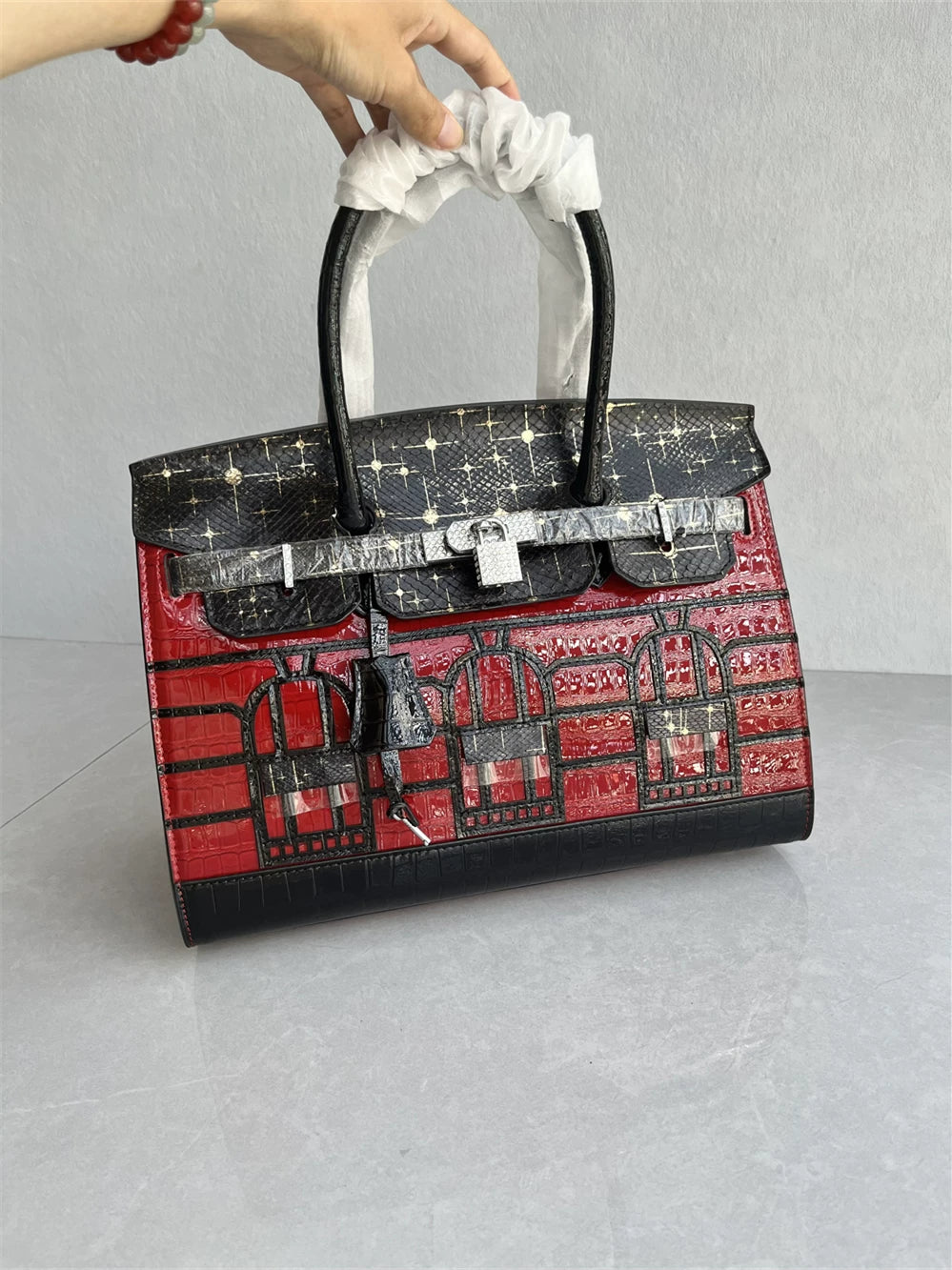 Shopping mall withdrawal ~ high-quality platinum bag, leather fashion and versatile color-blocking handbag, high-end crocodile leather women's bag