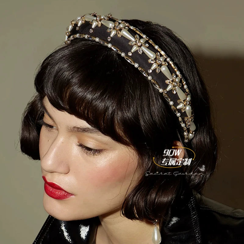 9QW European and American Heavy Industry Press Headband 2025 New High Skull Top Face Star Same Internet Celebrity Hair Tuck Headband