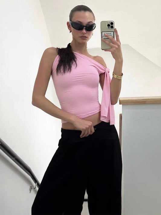 Sweet and spicy style pink slanted shoulder streamer sleeveless top 2026 summer wear tight and versatile irregular short vest