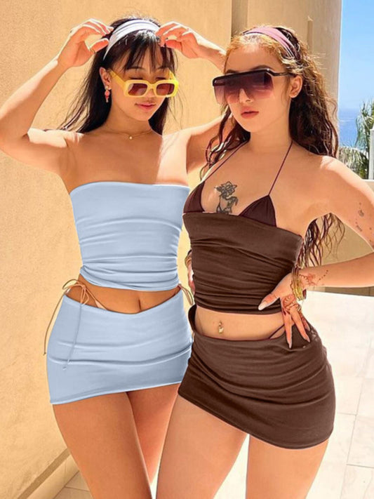 European and American ins fashion solid color bandeau + hip-hugging skirt two-piece set 2026 spring/summer new hot girl temperament set