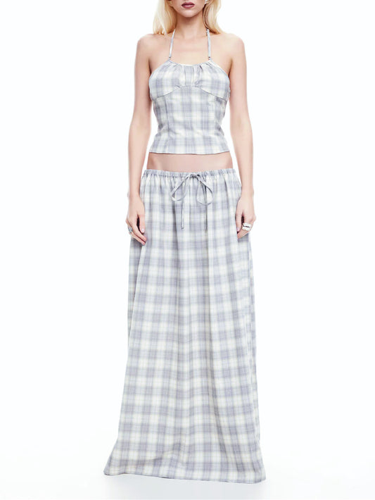 French vintage plaid halterneck vest + drawstring skirt two-piece set girly hot girl fashion simple set