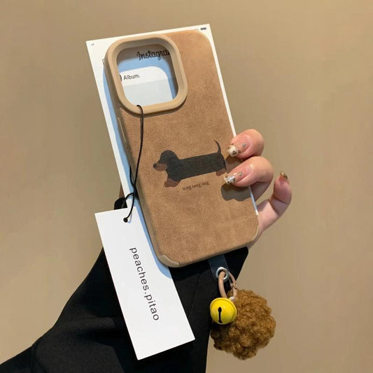 ins Korean brown leather dachshund for iPhone17 phone case, apple 16promax new 14 13