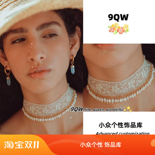 9QW homemade vintage versatile princess style lace pearl drop choker lace collarbone chain necklace for women