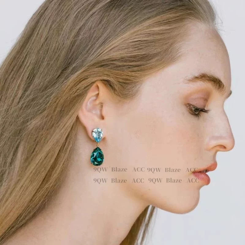 Reba's same French contrasting water drop gemstone earrings light luxury sea blue high transparent earrings show the face small long stud earrings for women