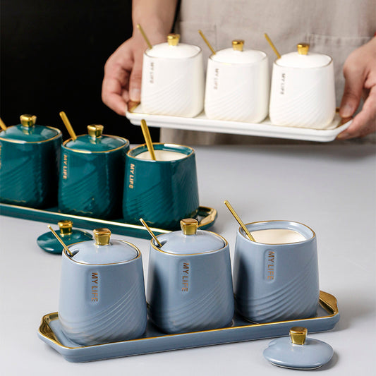 Ceramic Seasoning Jar Spoon Lid Integrated Set Household Seasoning Jar Combo Nordic Kitchen Seasoning Storage Box