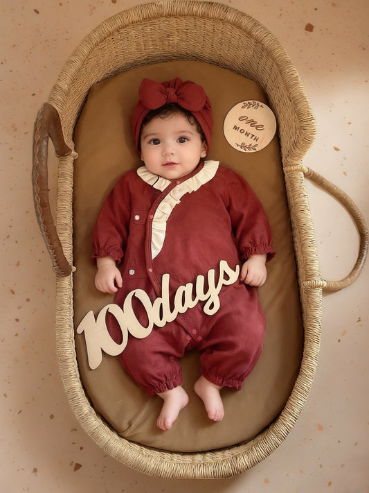 Korean baby jumpsuit, red festive full moon wine, baby girl, monk uniform, 100 days 100 days crawling suit Class A