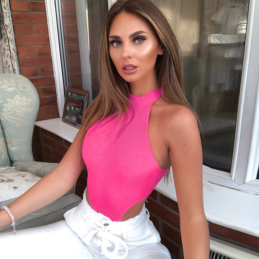 European and American ins net red fluorescent color short hanging neck vest sling slim fit all-match thin racer back jumpsuit