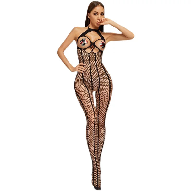 [Coco Witch] hot pure desire sexy temptation without taking off the naked halterneck hollow mesh stockings one-piece pajama girl