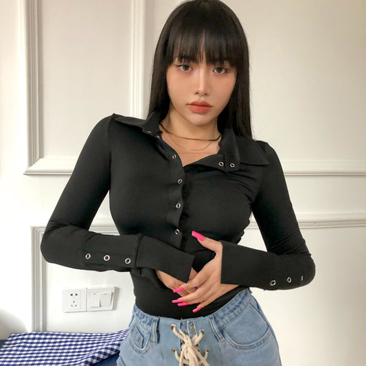 European and American ins fashion sexy button-down long-sleeved bodysuit 2026 spring new versatile slimming T-shirt