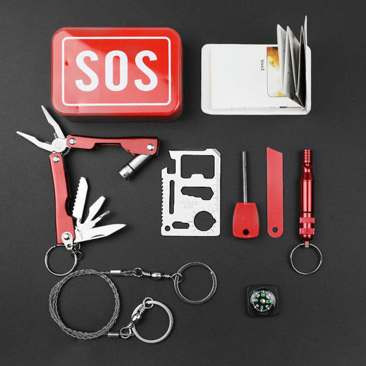 Camping multi-functional tool box equipment set 7 pieces set Outdoor survival self-rescue survival first aid kit emergency supplies